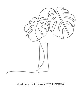 Vector botanical illustration. Line continuous monstera leaves in vase. Outline drawing. Hand drawn linear icon. Leaf silhouette. Minimal design, print, banner, card, wall art poster, logo.