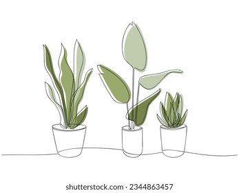 Ilustración botánica vectorial. Planta continua de la casa en la olla. Dibujo de esquema. Conjunto de iconos lineales dibujados a mano. Deja la silueta. Diseño gráfico, impresión, banner, tarjeta, afiche, logotipo, signo, símbolo.