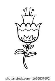 Botanische Vektorillustration mit linearer Blume, Blättern, Stiel und Stiele auf weißem Hintergrund im Cartoon-Stil für Textilien, Verpackungsdesign, Papier.
