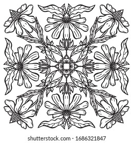 
Ilustración botánica vectorial de flores, hojas, plantas. Doodle, monocromo. Libro colorante, antiestrés, meditación. tatuaje. Patrón único dibujado a mano.