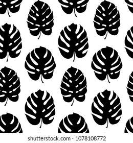 Vector botanical illustration of monstera leaf. Isolated outline drawing. Modern illustration of tropical plant. Set of exotic palm leaves silhouettes. Vector seamless floral black and white pattern