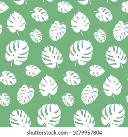 Vector botanical illustration of monstera leaf. Isolated outline drawing. Modern illustration of tropical plant. Set of exotic palm leaves silhouettes. Vector seamless floral black and white pattern