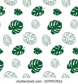 Vector botanical illustration of monstera leaf. Isolated outline drawing. Modern illustration of tropical plant. Set of exotic palm leaves silhouettes. Vector seamless floral green and white pattern