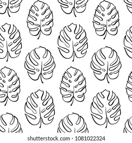 Vector botanical illustration of monstera leaf. Isolated outline drawing. Modern illustration of tropical plant. Set of exotic palm leaves silhouettes. Vector seamless floral black and white pattern