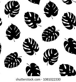 Vector botanical illustration of monstera leaf. Isolated outline drawing. Modern illustration of tropical plant. Set of exotic palm leaves silhouettes. Vector seamless floral black and white pattern