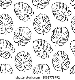 Vector botanical illustration of monstera leaf. Isolated outline drawing. Modern illustration of tropical plant. Set of exotic palm leaves silhouettes. Vector seamless floral black and white pattern