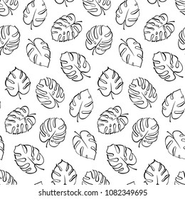 Vector botanical illustration of monstera leaf. Isolated outline drawing. Modern illustration of tropical plant. Set of exotic palm leaves silhouettes. Vector seamless floral black and white pattern