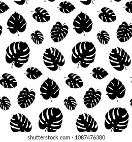 Vector botanical illustration of monstera leaf. Isolated outline drawing. Modern illustration of tropical plant. Set of exotic palm leaves silhouettes. Vector seamless floral black and white pattern