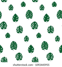 Vector botanical illustration of monstera leaf. Isolated outline drawing. Modern illustration of tropical plant. Set of exotic palm leaves silhouettes. Vector seamless floral green and white pattern