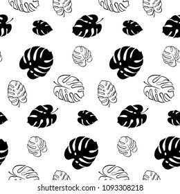 Vector botanical illustration of monstera leaf. Isolated outline drawing. Modern illustration of tropical plant. Set of exotic palm leaves silhouettes. Vector seamless floral black and white pattern