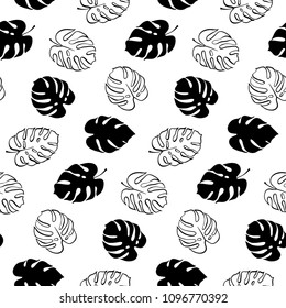 Vector botanical illustration of monstera leaf. Isolated outline drawing. Modern illustration of tropical plant. Set of exotic palm leaves silhouettes. Vector seamless floral black and white pattern