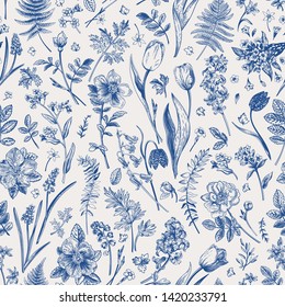 Vector botanical illustration. Seamless pattern with meadow and garden flowers. Blue.