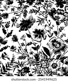 Vector botanical illustration. Seamless pattern with meadow and garden flowers. Vintage monochrome wildflowers for fashion, wallpaper, textile, surface designs