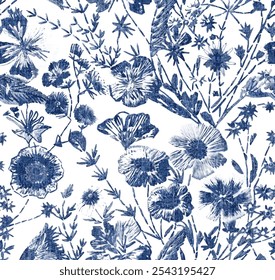 Vector ilustración botánica. Patrón sin fisuras con flores de prado y jardín. Flores silvestres de Antiguas en colores azules para la moda, el Fondo de pantalla, la materia textil, diseños superficiales