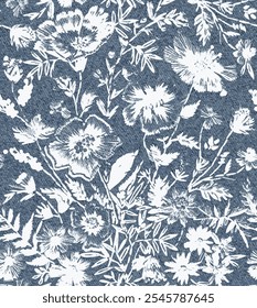 Vector ilustración botánica. Patrón sin fisuras con flores de prado y jardín. Flores silvestres de Antiguas en estilo Toile de jouy. Estampado Chinoiserie azul de elegancia retro. Fondo de pantalla de Antiguas 