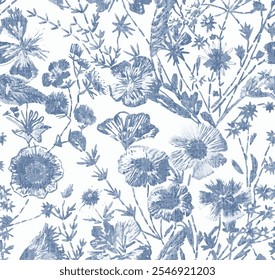 Vector botanical illustration. Seamless pattern with meadow and garden flowers. Vintage  wildflowers in Toile de jouy style. Retro elegance blue Chinoiserie print. Vintage wallpaper 