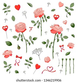 Vector botanical illustration; set of floral elements: pink roses, green leaves and gypsophila with red hearts isolated on white
background