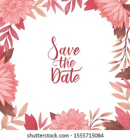 Vector botanical illustration with watercolor texture. Frame with Pink blossoms. Border with gentle flowers, branches and leaves. Perfect for wedding invitations, cards, frames, posters, packing
