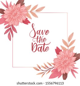 Vector botanical illustration with watercolor texture. Frame with Pink blossoms. Border with gentle flowers, branches and leaves. Perfect for wedding invitations, cards, frames, posters, packing