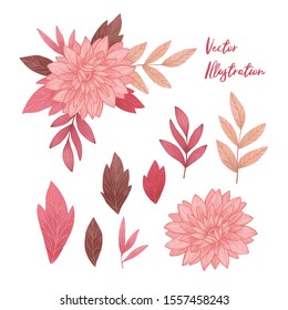 Vector botanical illustration with watercolor texture. Bouquet with Pink blossom. Design elements: gentle flowers, branches and leaves. Perfect for wedding invitations, cards, frames, posters, packing