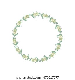 Vector botanical illustration with a wreath made of stylized leaves and clover flowers. Thin lines twigs in pastel color isolated on white background.