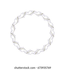 Vector botanical illustration with a wreath made of fir tree  branches and berries. Thin lines twigs in pastel color isolated on white background.