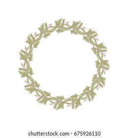 Vector botanical illustration with a wreath made of fir tree  branches and berries. Thin lines twigs in pastel color isolated on white background.