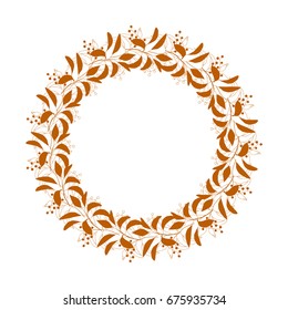 Vector botanical illustration with a wreath made of stylized hand drawn  leaves . Thin lines twigs in pastel color isolated on white background.