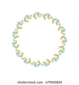 Vector botanical illustration with a wreath made of stylized leaves and clover flowers. Thin lines twigs in pastel color isolated on white background.