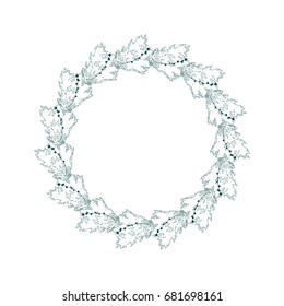 
Vector botanical illustration with a wreath made of fir tree  branches and berries. Thin lines twigs in pastel color isolated on white background.