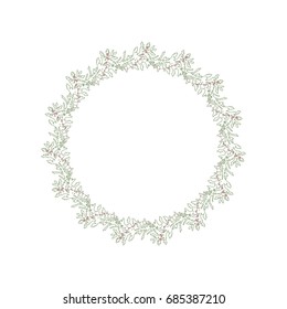 Vector botanical illustration with a wreath made of fir tree  branches and berries. Thin lines twigs in pastel color isolated on white background.