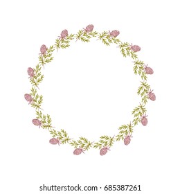 Vector botanical illustration with a wreath made of stylized leaves and clover flowers. Thin lines twigs in pastel color isolated on white background.
