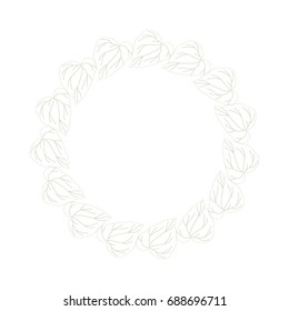 Vector botanical illustration with a wreath made of stylized hand drawn  leaves . Thin lines twigs in pastel color isolated on white background.