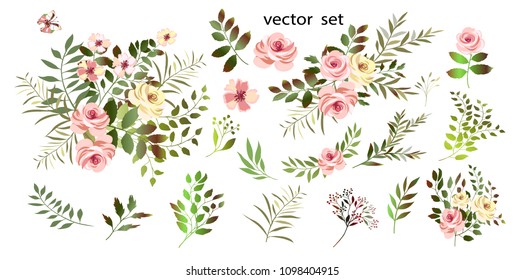 .Vector.  Botanical illustration.Flower arrangements of pink roses, colorful leaves, wild herbs. A set of bouquets, twigs, floral elements.