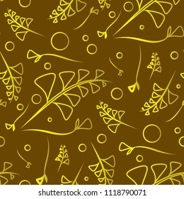 Vector botanical olive pattern of yellow plants and grass blossoms on mustard background. For registration of paper or home interior items.
