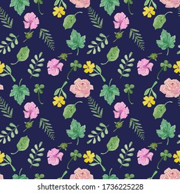 Vector botanical pattern with floral collection leaves and flowers, hand drawn  watercolor background. Spring or summer design for invitation, wedding or greeting cards.