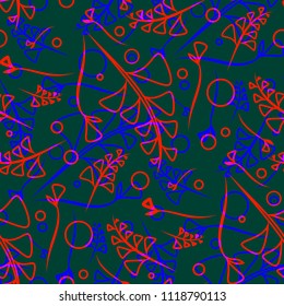 Vector botanical pattern of mustard and blue plants and grass blades on a background of dark protection. For paper or household items.
