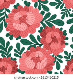 Vector botanical pattern with red peonies. Flat design flower composition with leaves. Elegant floral clipart for print or digital use. Seamless Illustration for wedding designs, cards, and floral
