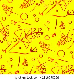 Vector botanical red pattern from plants and blades of grass on a yellow background. For registration of paper or home interior items.
