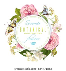 Vector botanical round banner with rose, linden, jasmine flowers and butterflies. Design for tea, natural cosmetics, perfume, health care products. Can be used as greeting card, wedding invitation