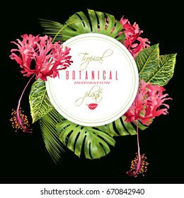 Vector botanical round banner with tropical leaves and red exotic flowers on black background. Design for cosmetics, spa, health care products, perfume. Can be used as wedding, summer background