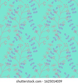 Vector Botanical seamless background. Different types of herbaceous plants . Pink and light purple herbs on blue.