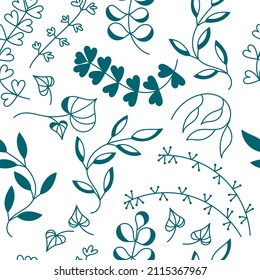Vector botanical seamless background with twigs and leaves. Decorative texture for fabric, wallpaper, stationery, bedding.