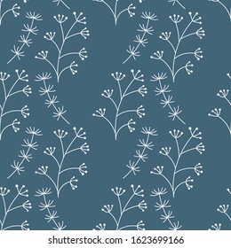Vector Botanical seamless background with white twigs with berries on blue . 