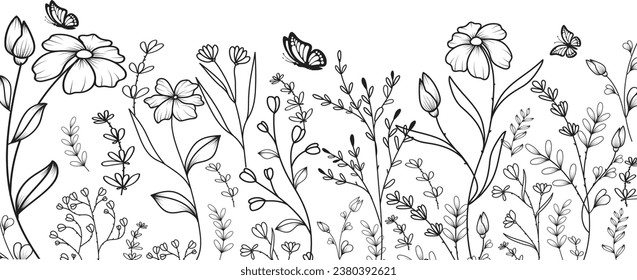Vector botanical seamless border with trendy meadow greenery and flowers.
