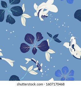 Vector Botanical Seamless Koi Fish Vector Asian Pattern Carp Design