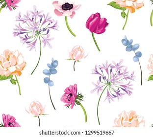 Vector botanical seamless pattern with anemone flowers, roses and tulips. Floral background for natural cosmetics, wedding invitation, fabric print