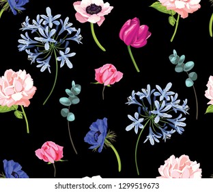 Vector botanical seamless pattern with anemone flowers, roses and tulips. Floral background for natural cosmetics, wedding invitation, fabric print