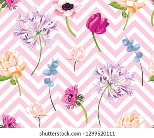 Vector botanical seamless pattern with anemone flowers, roses and tulips on geometric background . Floral background for natural cosmetics, wedding invitation, fabric print