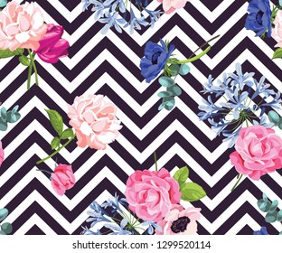 Vector botanical seamless pattern with anemone flowers, roses and tulips on geometric background . Floral background for natural cosmetics, wedding invitation, fabric print